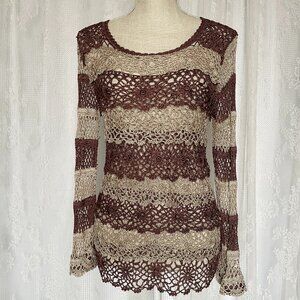 Vintage Joanna USA Women's Crochet Top Large Brown Boho Knit Long Sleeve Y2K